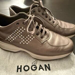 Hogan Women's Taupe Leather Sneakers with Rhinestone Accents